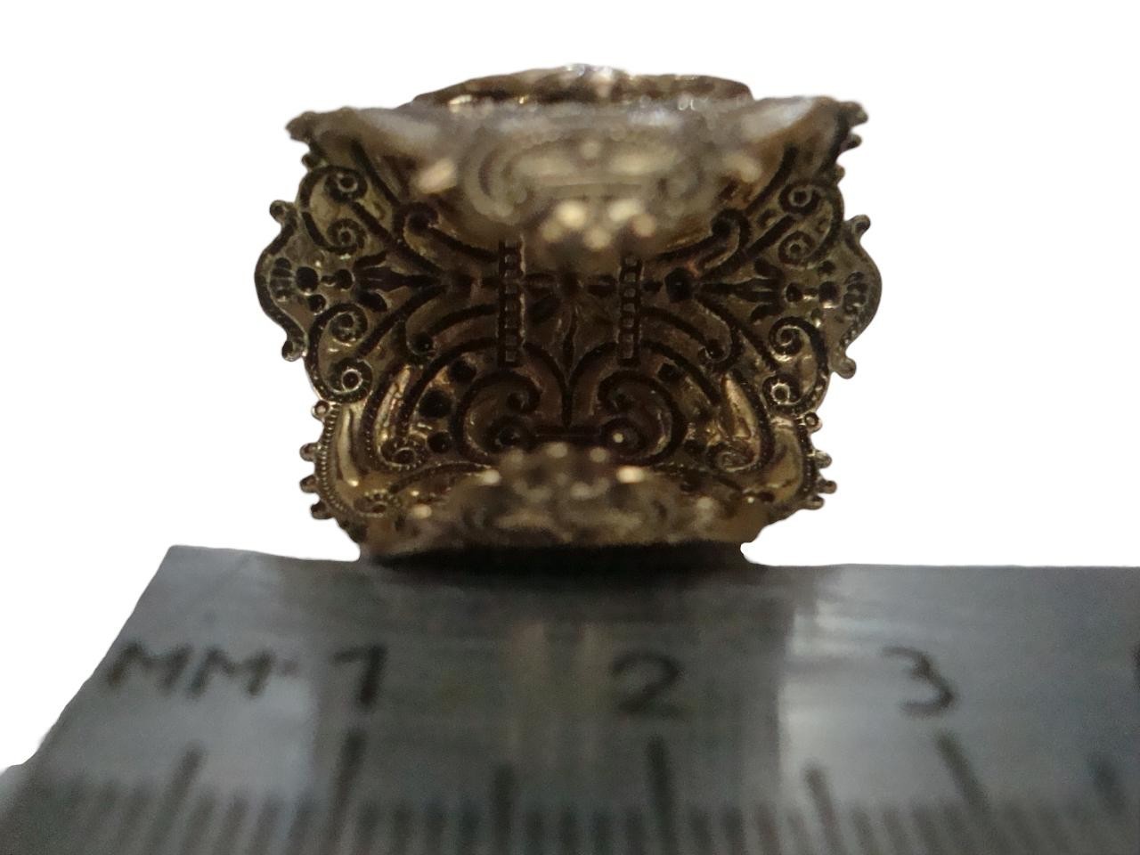 Vintage Large Statement Ring Brass Filigree Setting Blue Peking Glass Adjustable