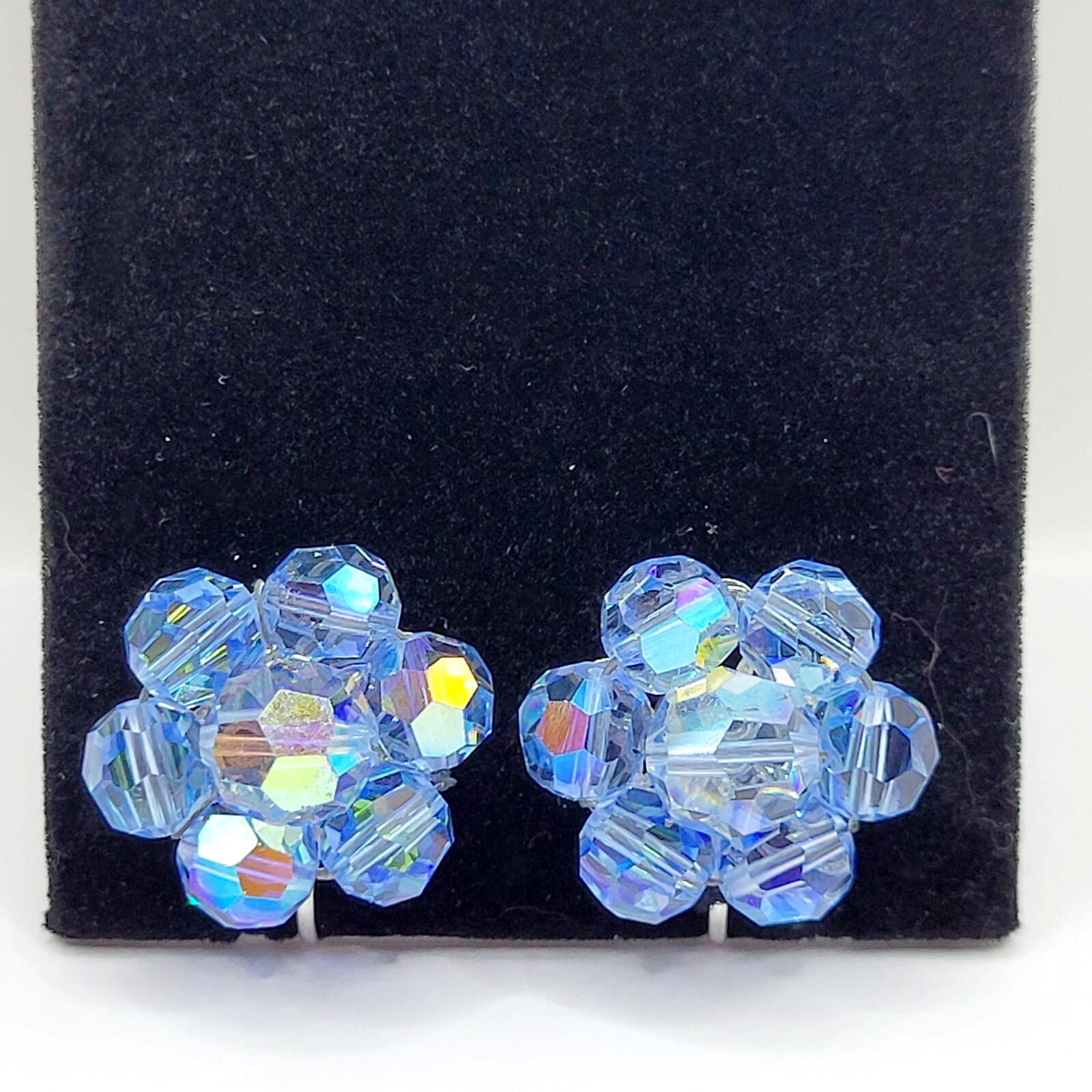 Light Blue Faceted Crystal Bead Cluster Sparkling Fancy Vintage Clip On Earrings