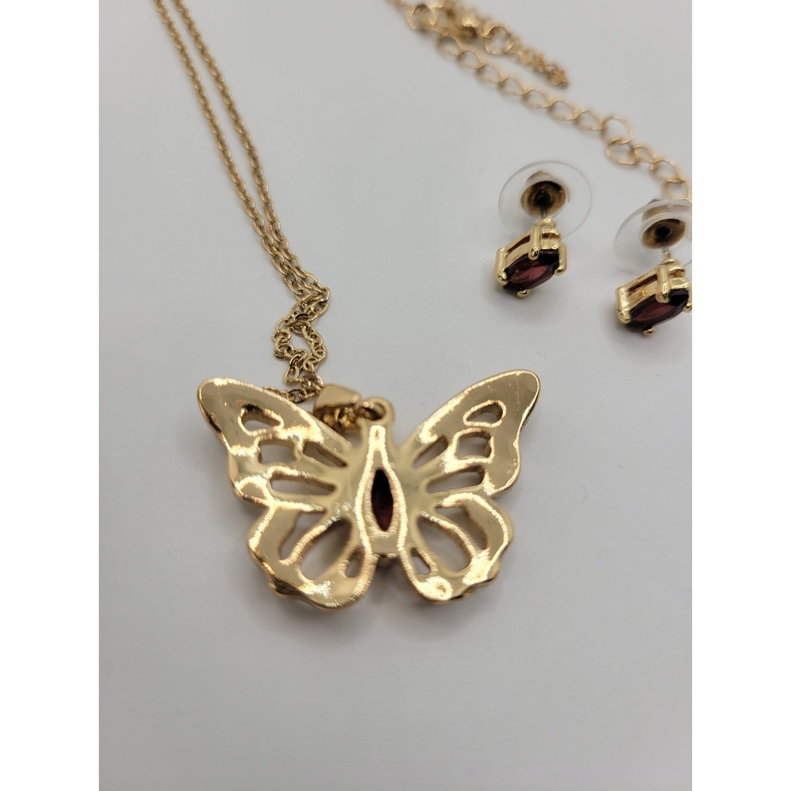 Garnet Butterfly Pendant Necklace Stud Earrings Set Goldtone Crystal Rhinestones