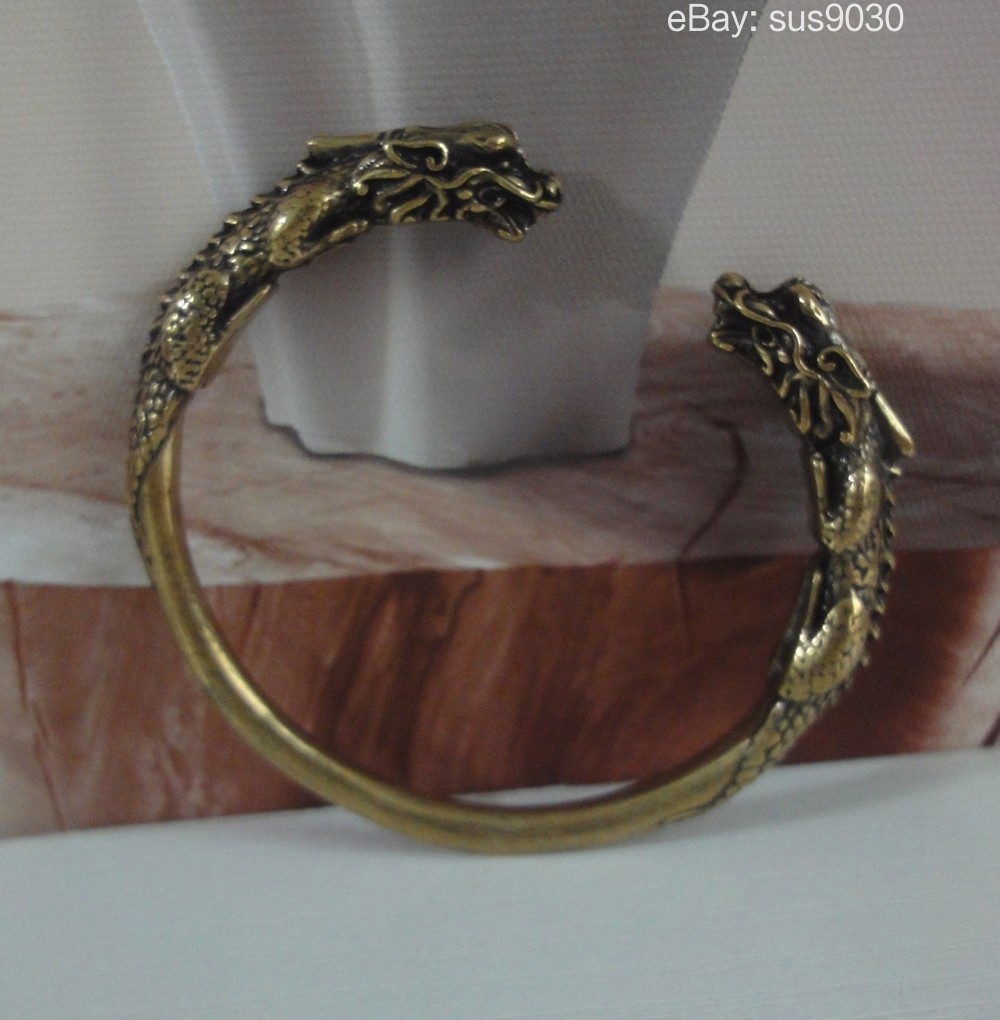 Solid Brass Double Ancient Dragons Figurine Statue Bangle 56MM