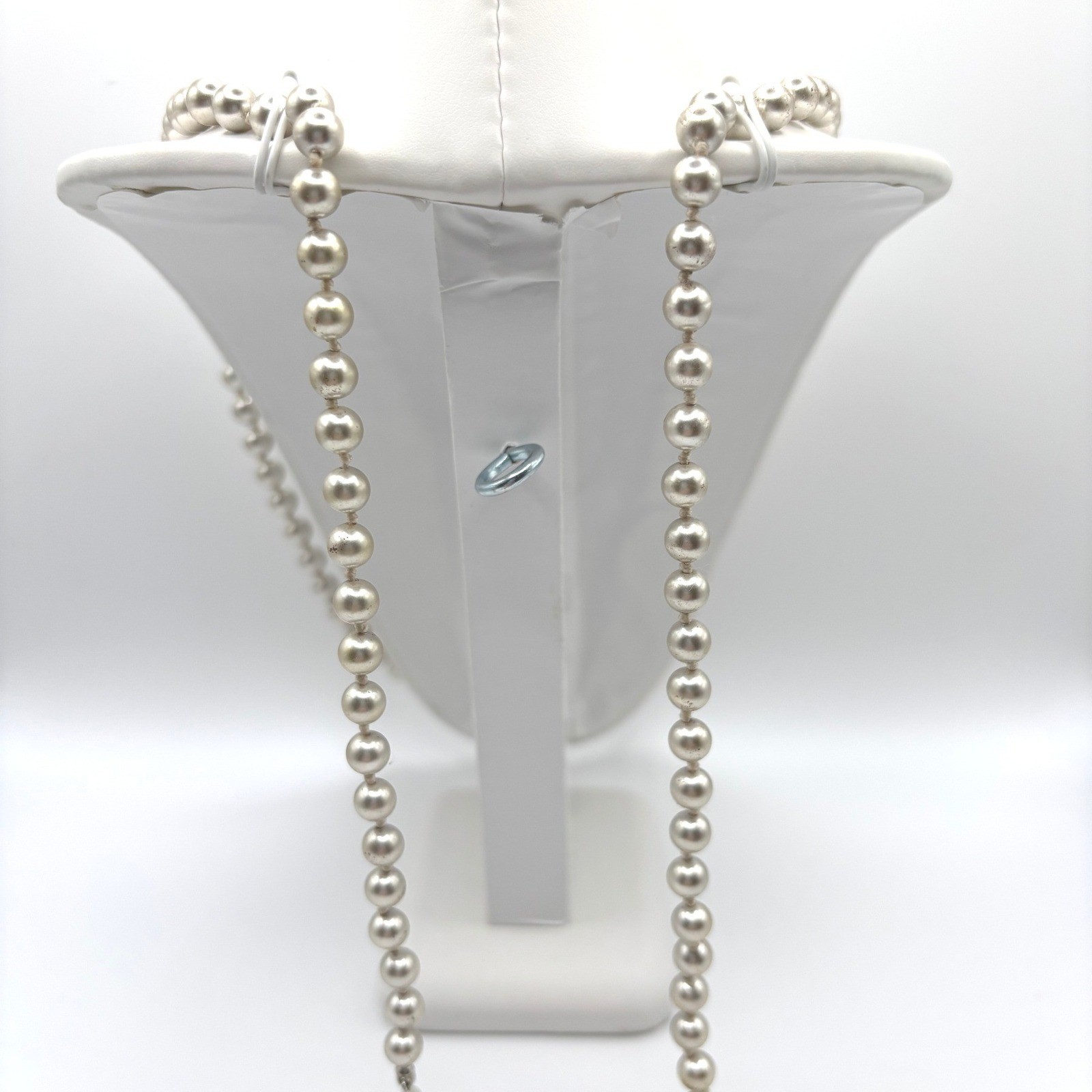 Monet Vintage Faux Pearl Strand Necklace Champagne Silver Tone Signed Clasp 30in