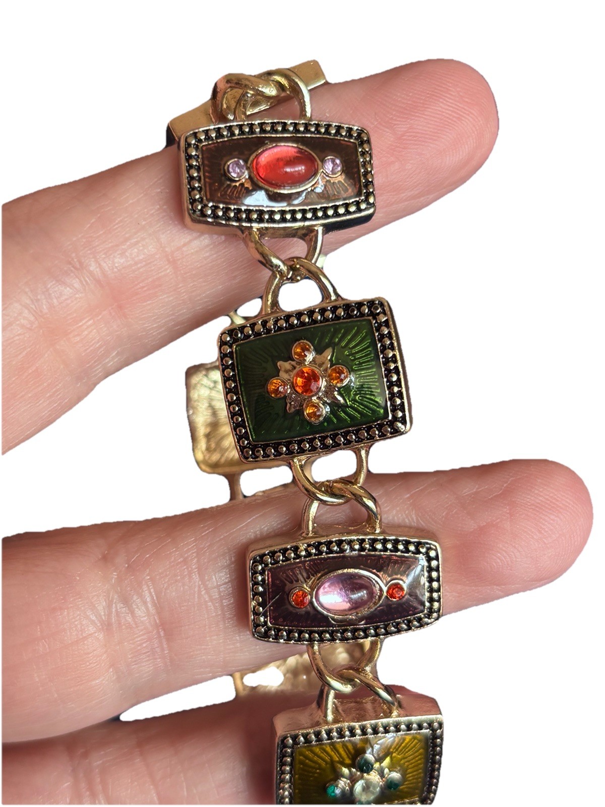Napier enamel rectangular panel bracelet black base colored cabachons stones