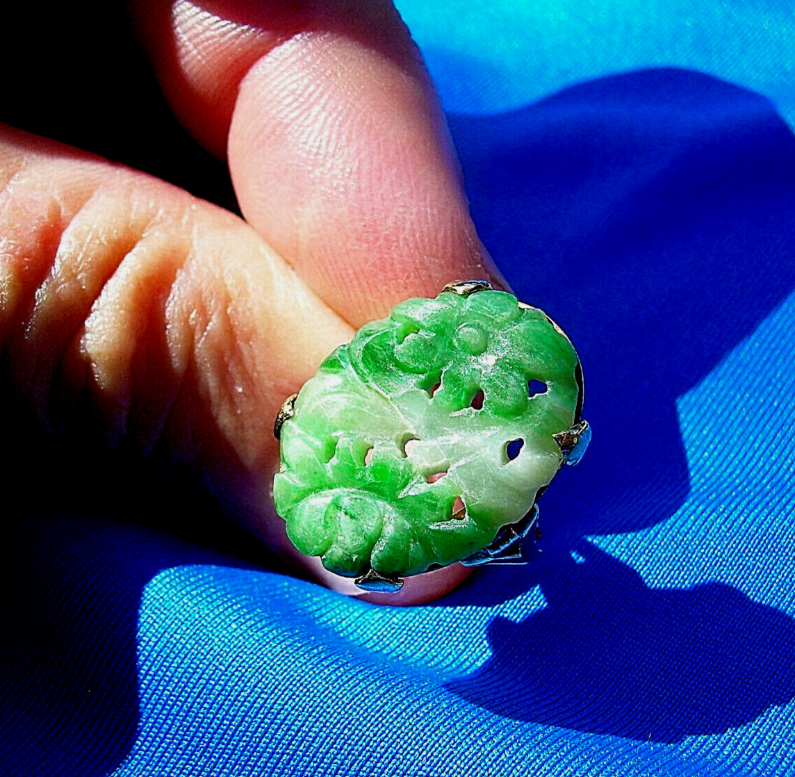 Original EARTH MINED Green JADE Antique Ring Victorian SOLID 18K GOLD Vintage 5