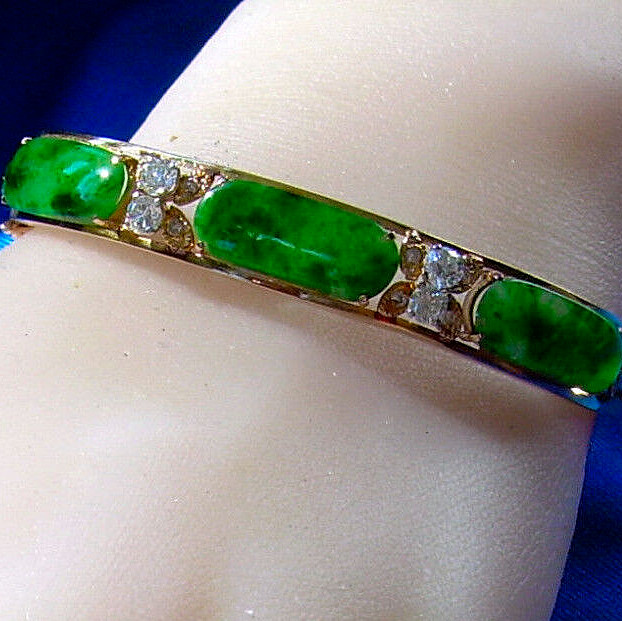 Original EARTH MINED Imperial Jadeite JADE Diamond Deco Bangle Bracelet 18K GOLD