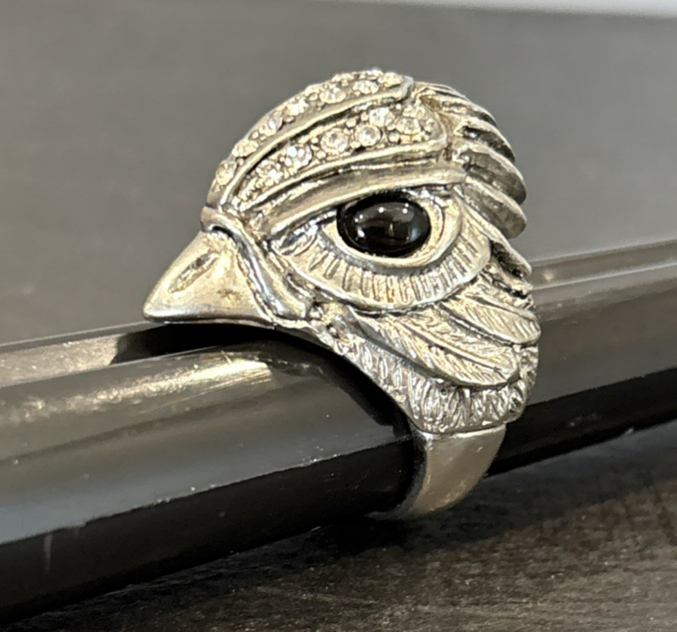 Silver Tone Statement Bird Head Ring Clear Rhinestones Faux Onyx Eyes Size 6.5