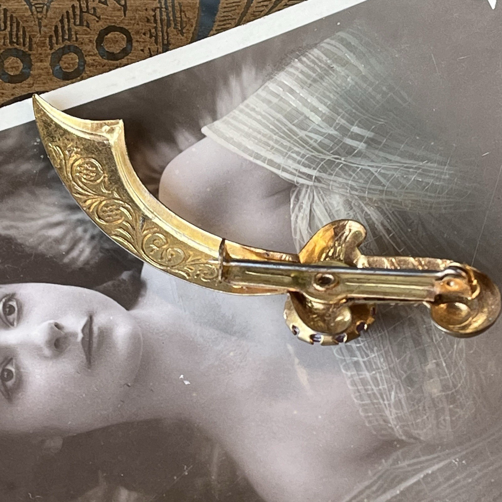 Antique Victorian Crescent Bar Brooch – Gold Plate – Lavender Paste – C-Clasp