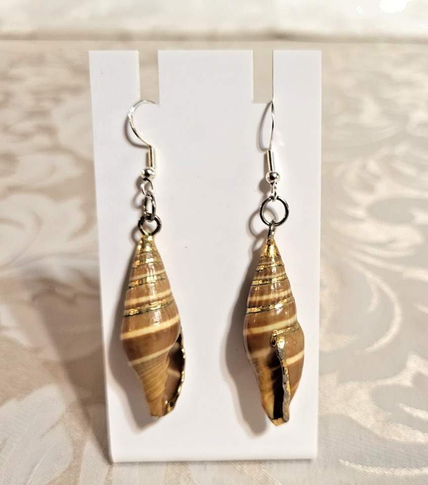 70s Vintage 925 Silver Golden and Brown Natural Seashell Dangle Drop Earrings