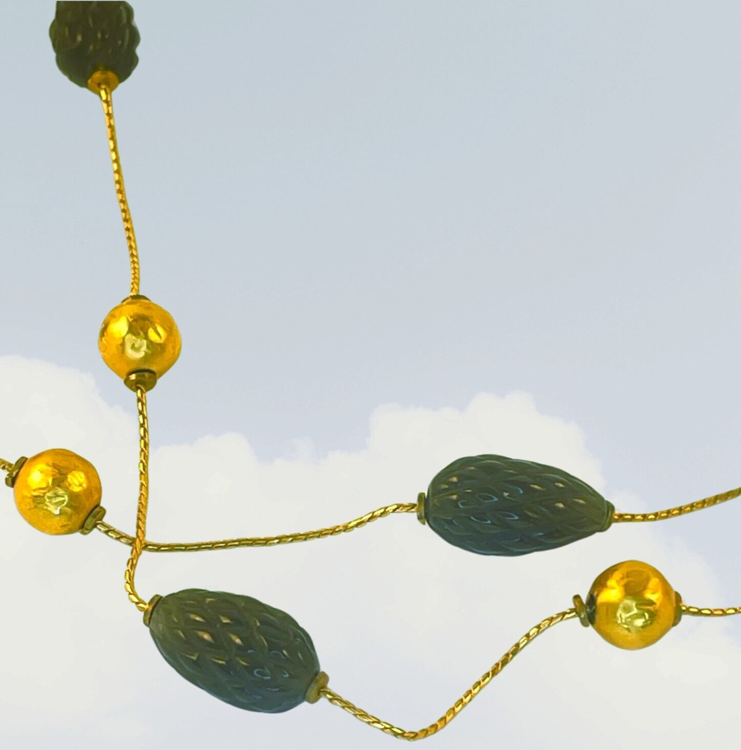 Sculpted Pinecone Station Necklace Satin 18kt Gold Foxtail Chain Lucite 30 In