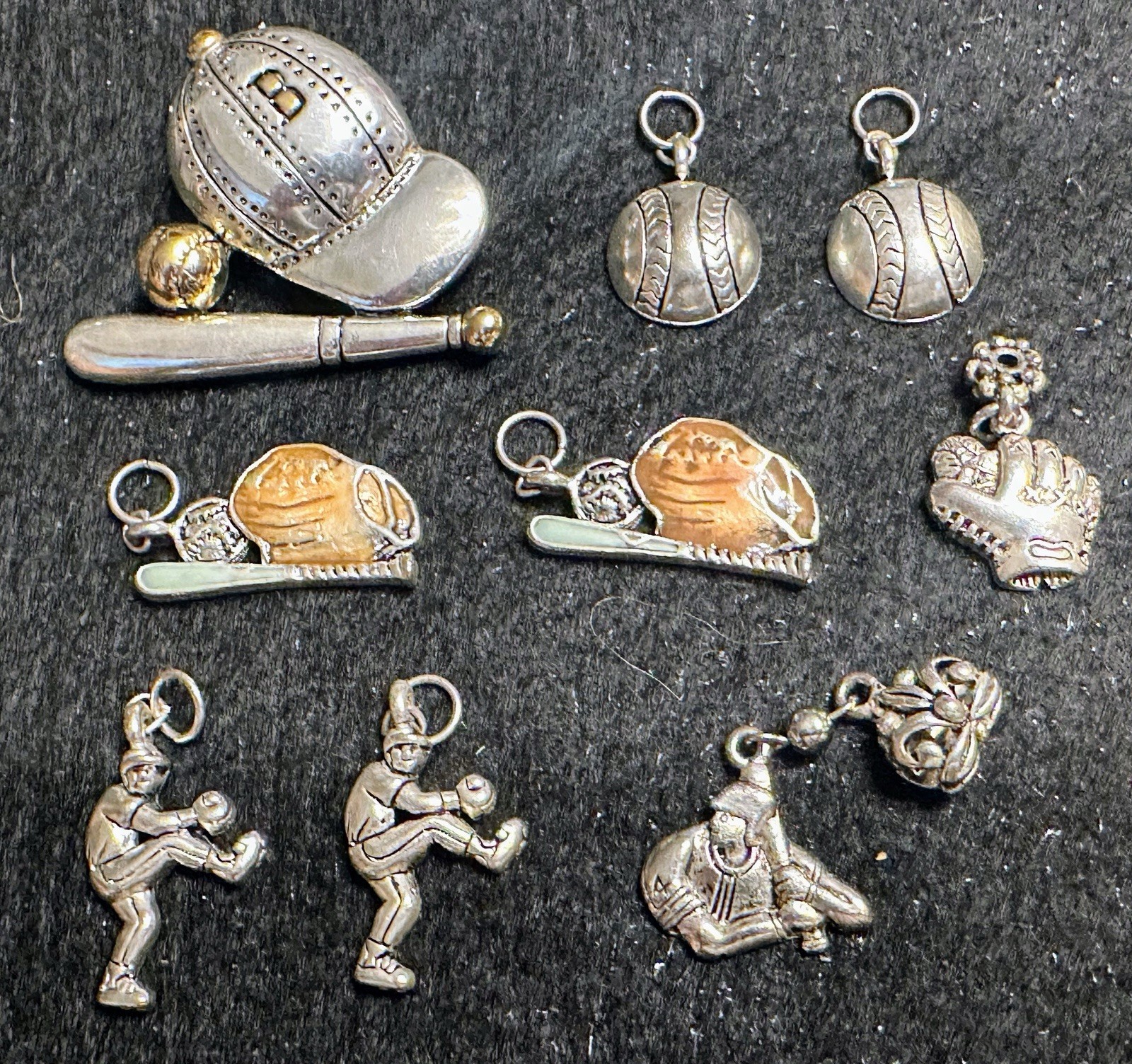 Lot of 8 Baseball Themed Silver-Tone Charms & 1 Enameled Pendant, Metal Alloy