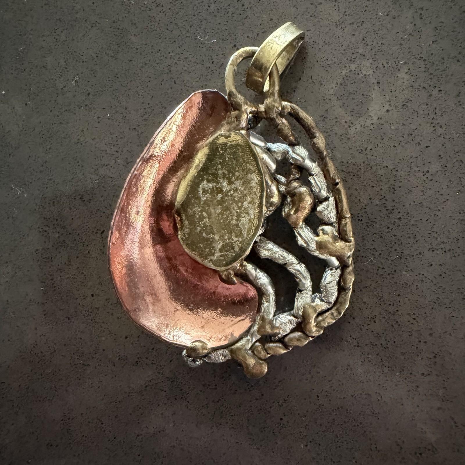 Vtg Brutalist Pendant Artisan Abstract Mixed Metal Brass/Copper Natural Stone
