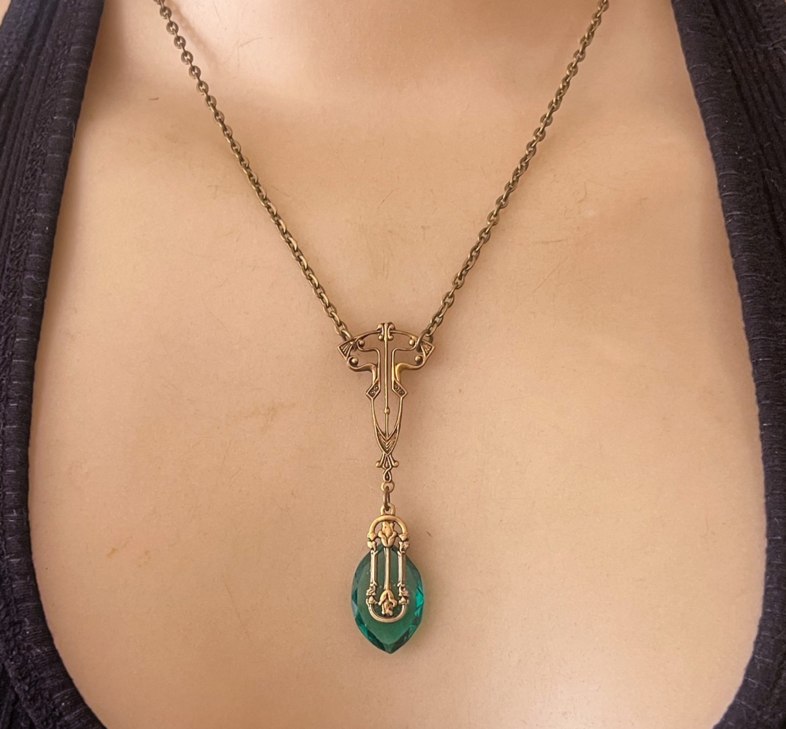 Vintage Necklace Art Nouveau Lavalier Brass Pendant Green Antique Czech Glass