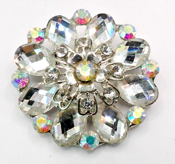 Vintage Clear Faceted & Aurora Borealis AB Crystal 2″ Round Cluster Brooch