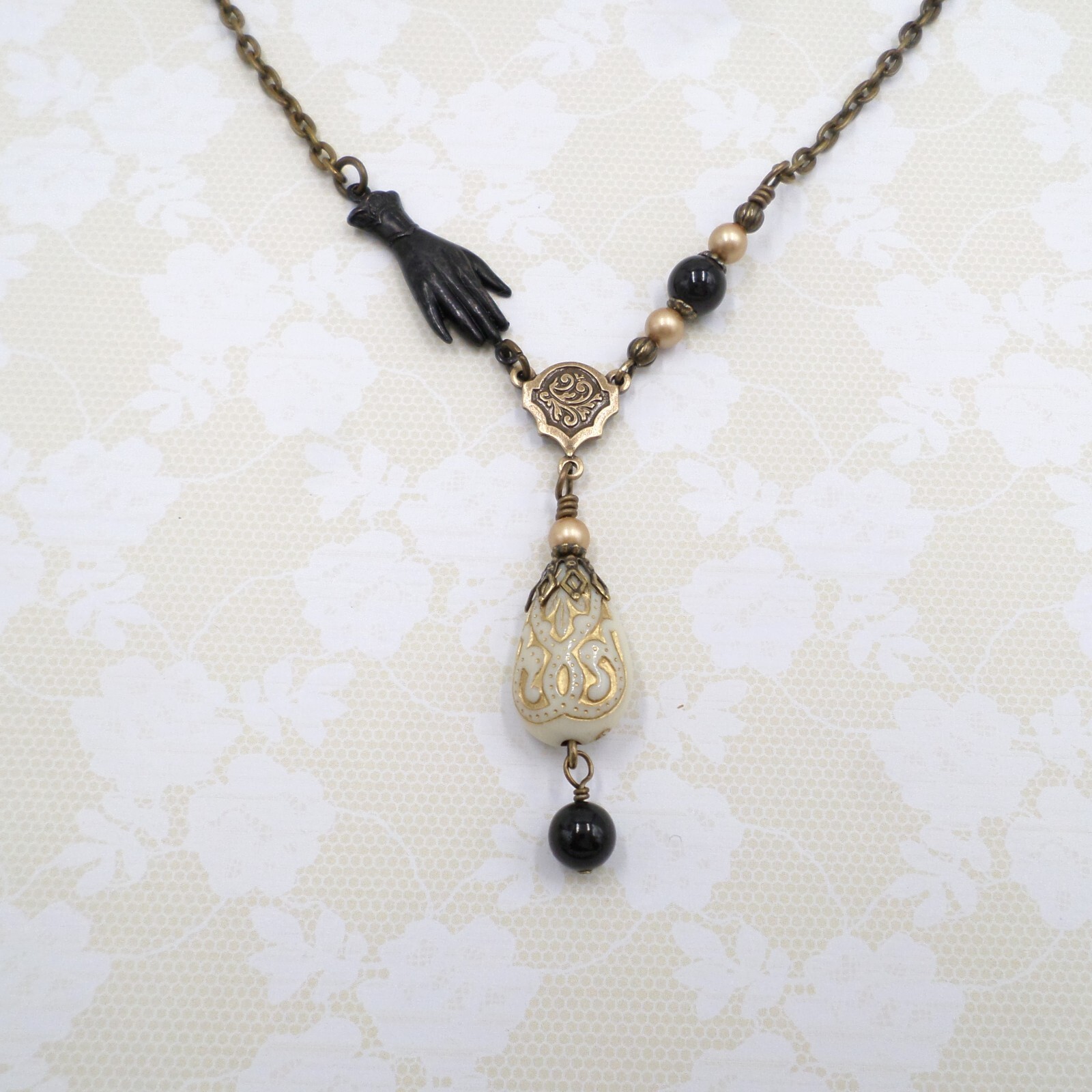 Victorian Reproduction Hand Necklace, Cream Black Gold Acrylic Metal Jewelry