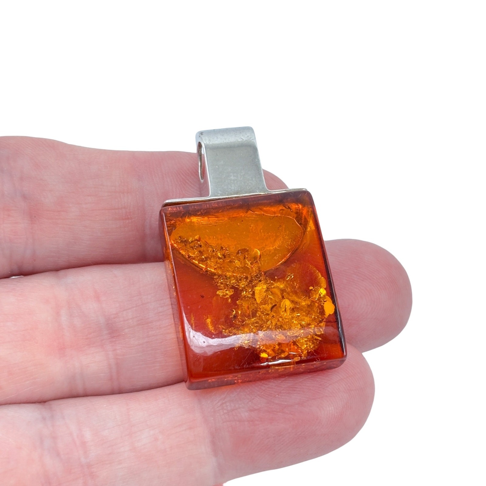 Vintage Sterling Silver 925 Amber Rectangle Pendant