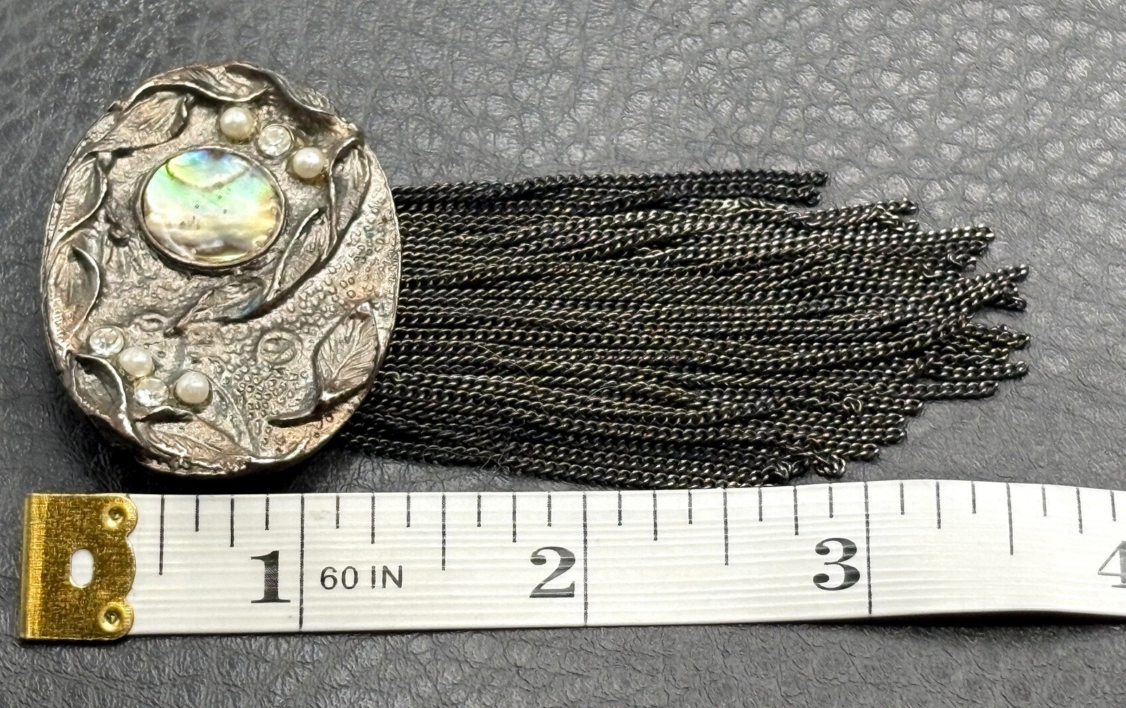 VTG 3.5” Silver Tone Fringe Abalone MOP Tassel Chains Dangle Pin Brooch