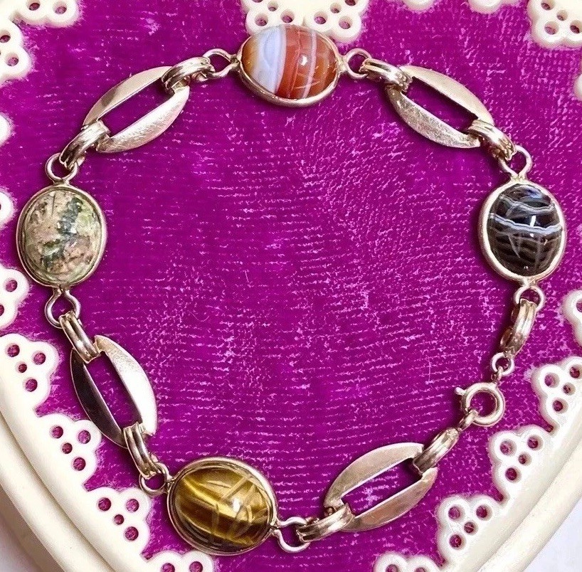 LOVELY Vintage Gold-Filled Agate, Unakite, Etc. Egyptian Scarab Bracelet