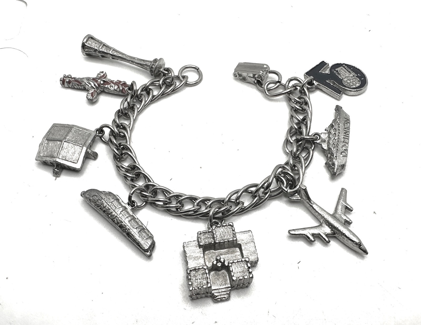 Vtg Worlds Fair 1962 Seattle Charm Bracelet Totem Pole Train Warship Cent 21