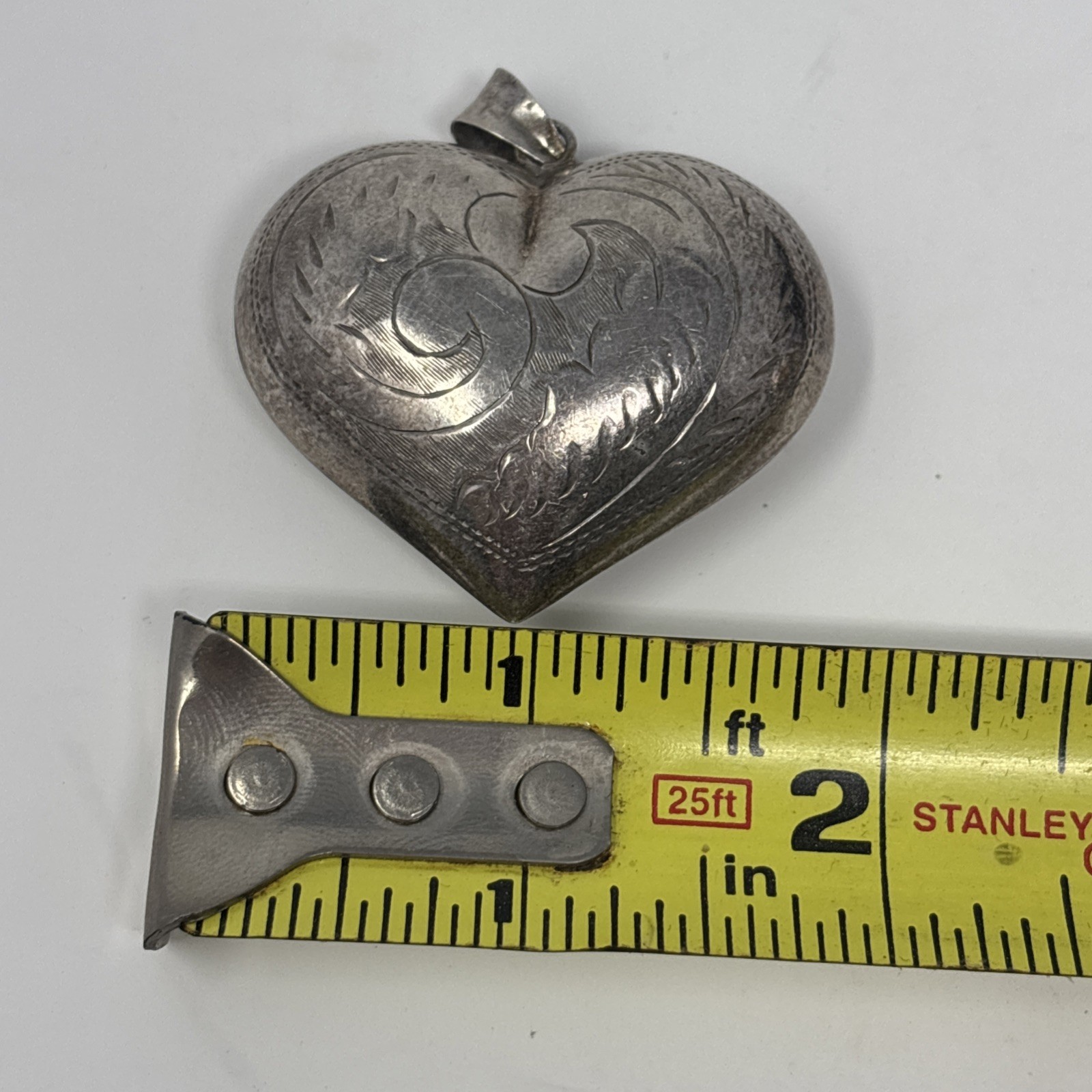 Vintage Sterling Silver Puffy Heart Pendant Etched Floral 13.4g Large