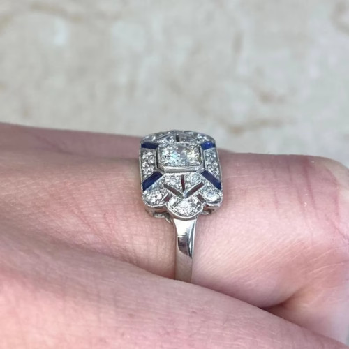 2.05CT Round Lab-Created Diamond & Blue Sapphire Art Deco Engagement Silver Ring