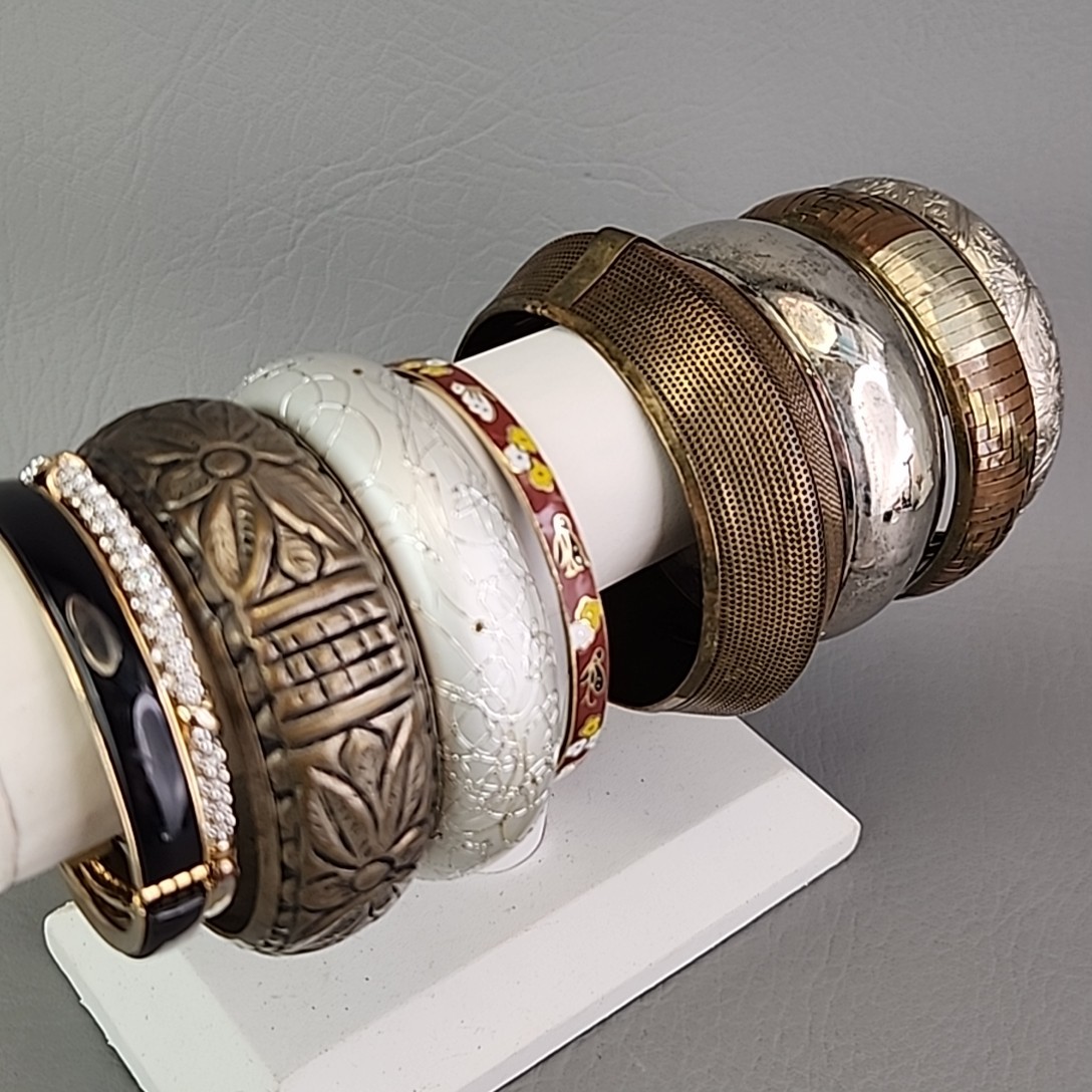 Vintage Bangle Bracelet Lot of 9 India Enamel Brass Rhinestone Hinged Wood