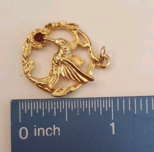 Vintage JJI Hummingbird Pendant Floral with Red stone Round Gold Tone Signed