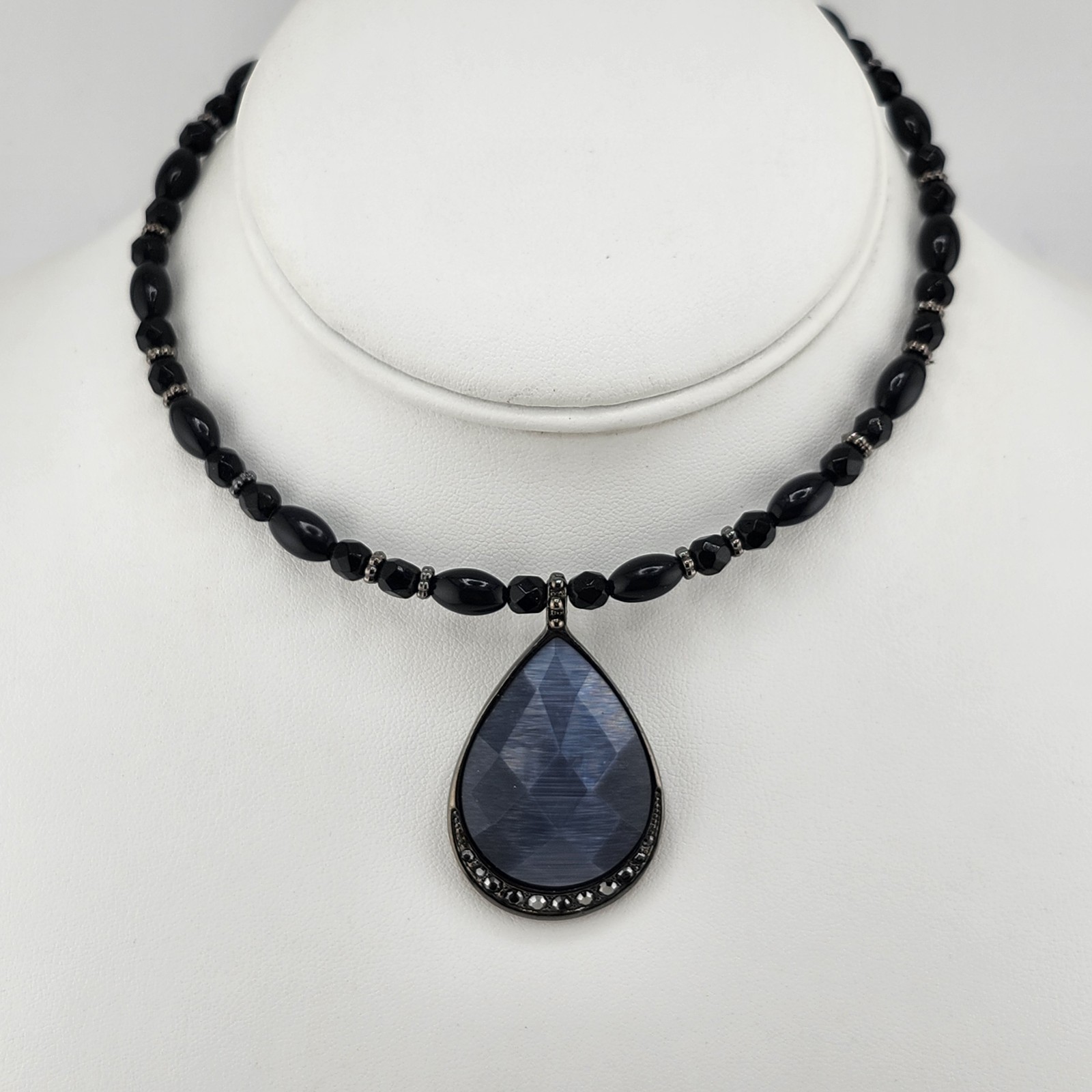 Vintage Monet Beaded Wire Choker Blue Satin Stone Pendant