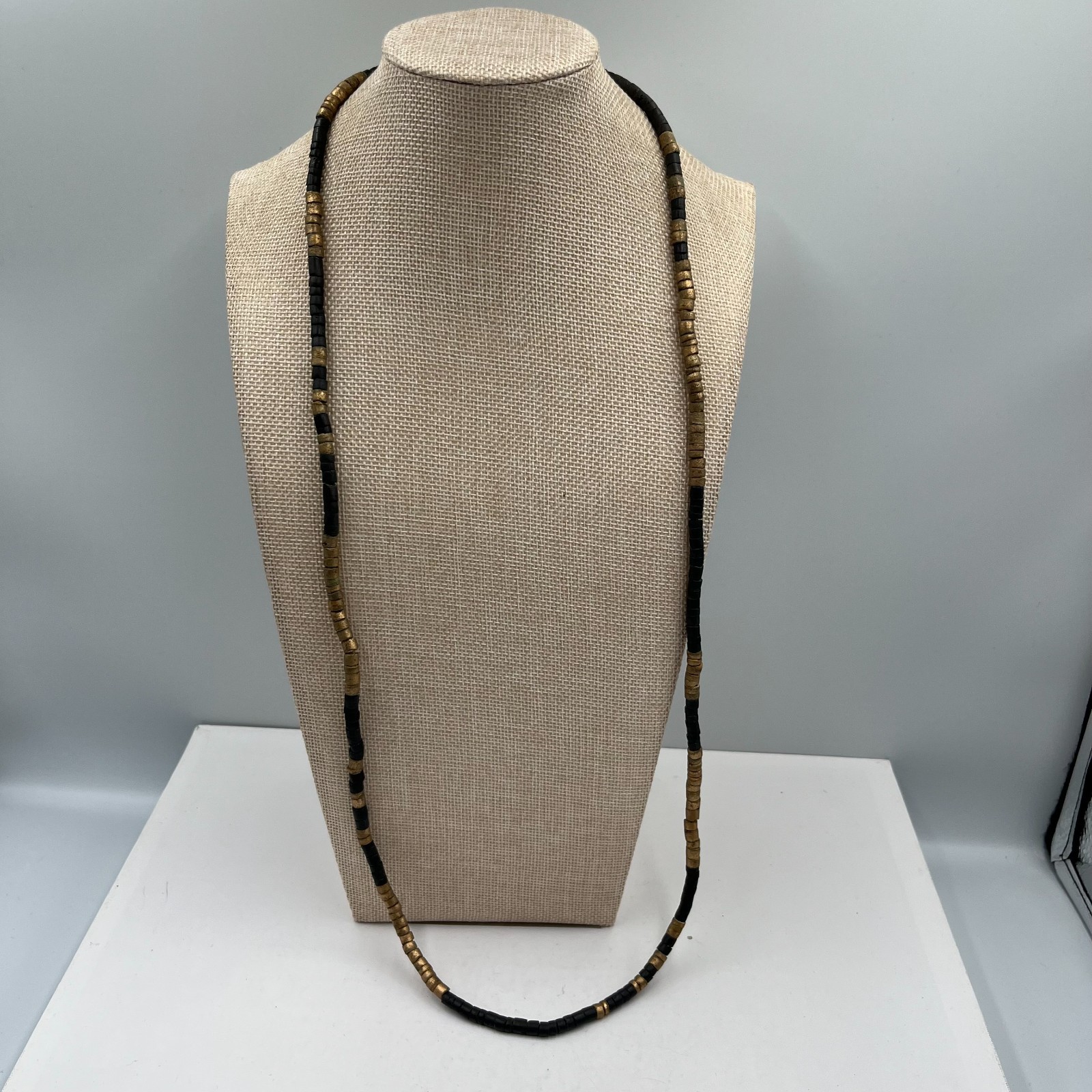Vintage African Style Brass Black Glass Bead Necklace Ethnic Tribal Boho Jewelry