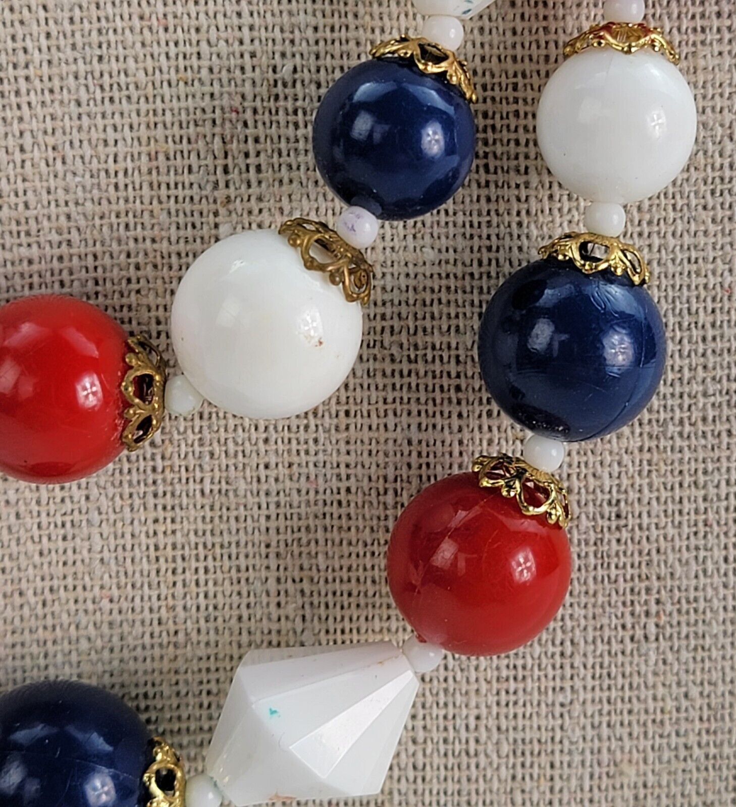 Vintage Patriotic Red White Blue Lucite Double Strand Necklace 18 In USA