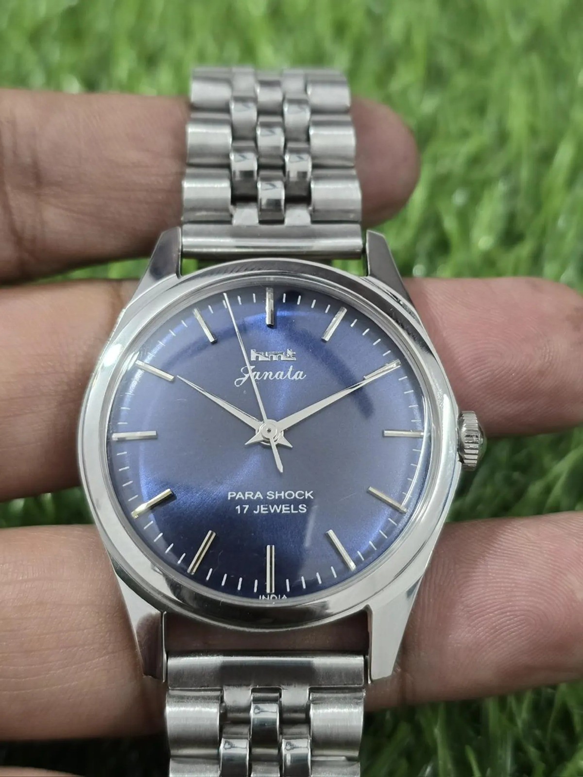 Vintage Hmt Janata Transparent Back Hand Winding Men Steel 17 Jewels Wrist Watch