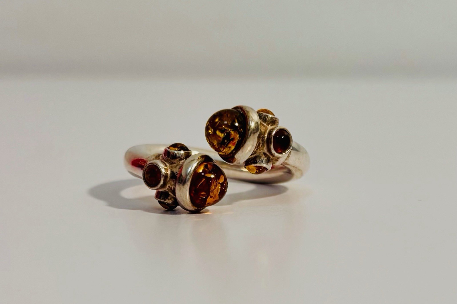 Vintage 925 Sterling Silver Baltic Amber Bypass Ring, Size 9