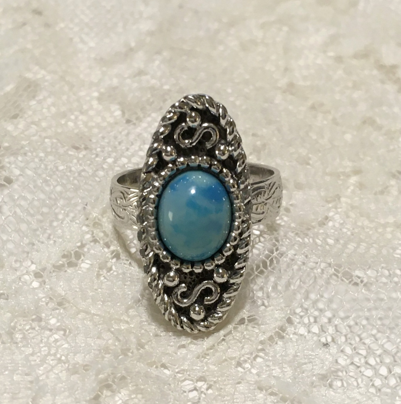 Vintage Sarah Coventry Blue Cabochon Stone Ring Long Oval Silver Tone Adjustable