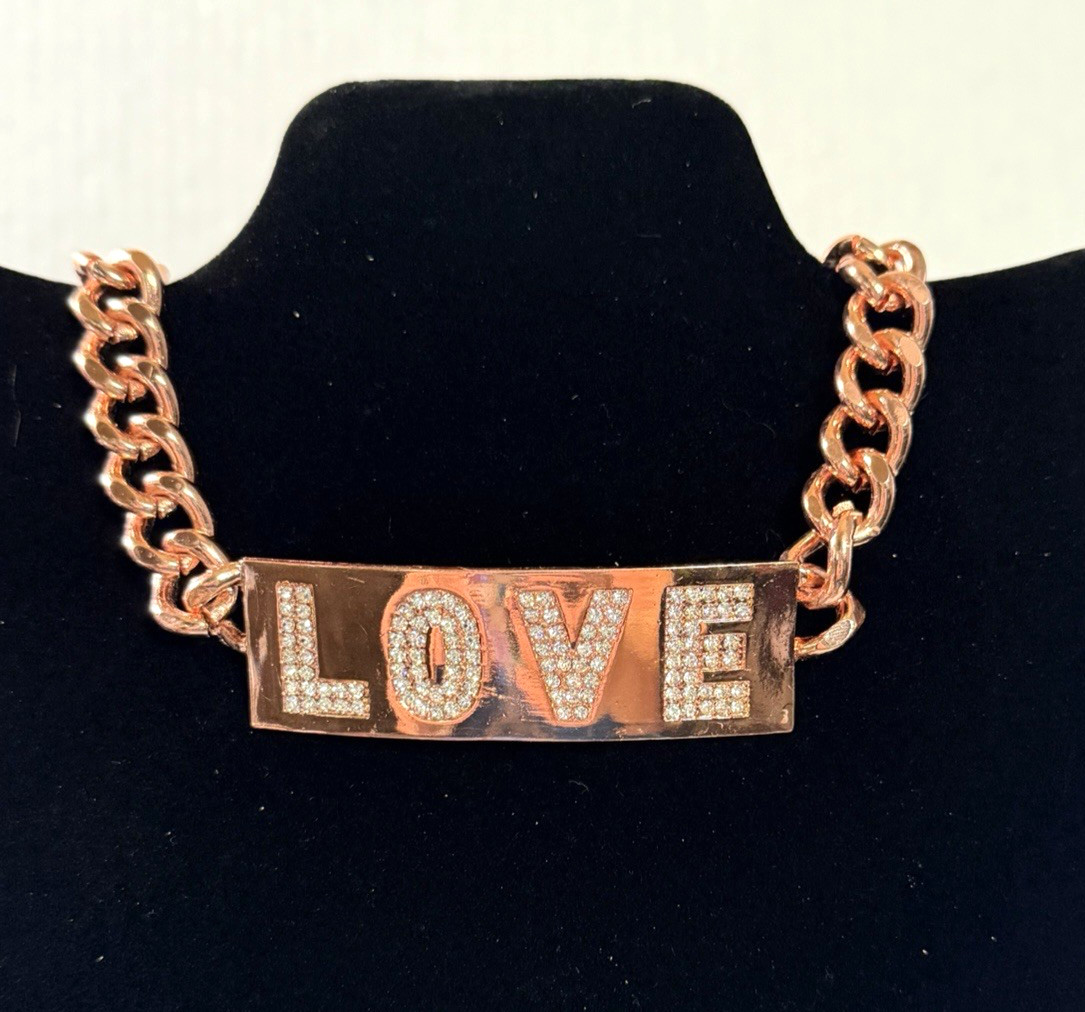 NENA Rose Gold-Tone Cuban Link Chain LOVE Plate Choker Necklace & Earrings Set