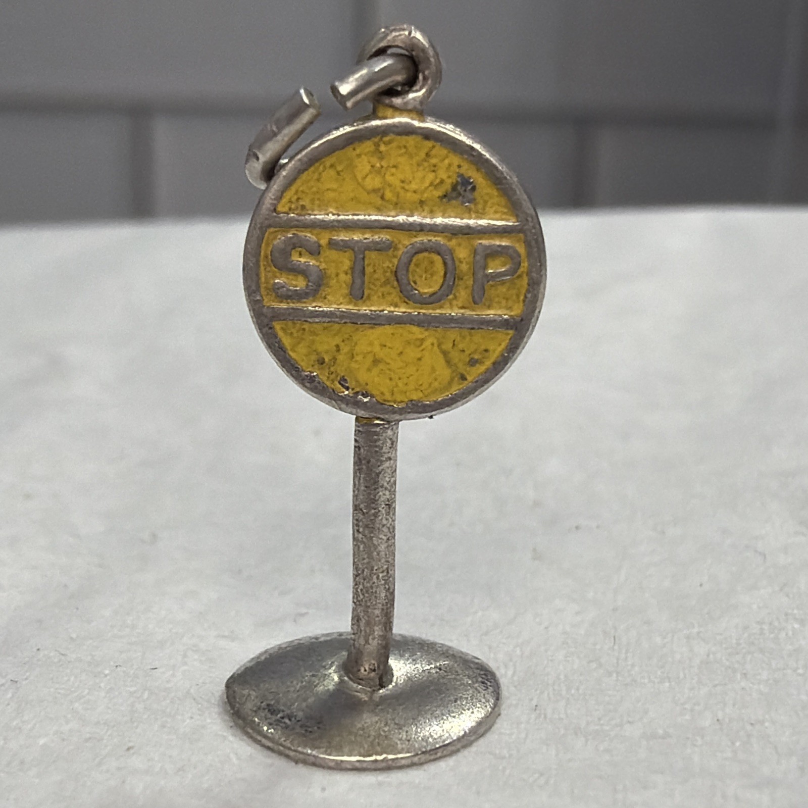 1950’s Vintage Sterling Silver Stop Sign Charm For Bracelet .925 Yellow Enamel