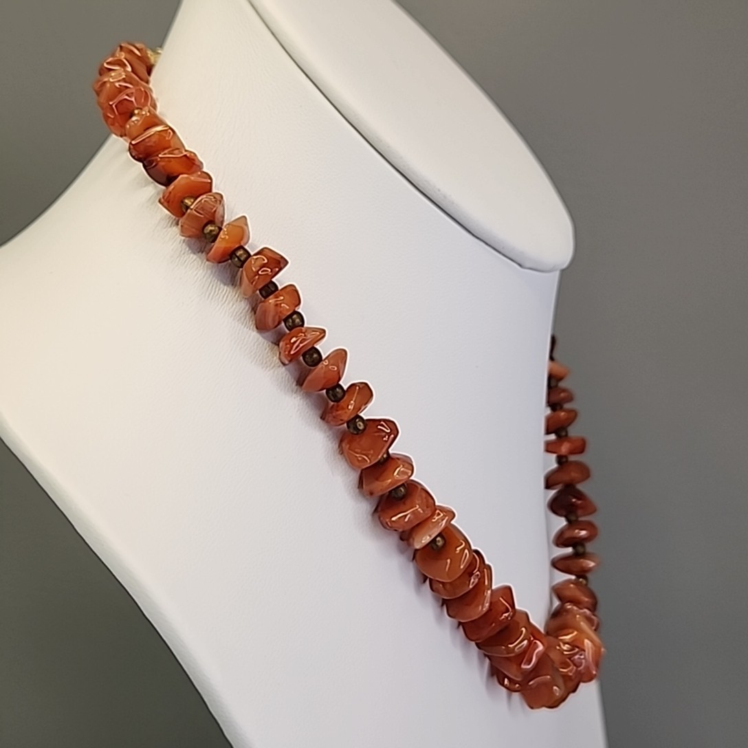 Vintage Carnelian Agate Beaded Necklace Stone Orange Polished Nugget 17.5″
