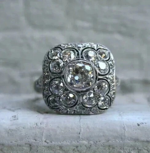 Art Deco Vintage Style 3Ct Round Lab Created Diamond 14K White Gold Finish Ring