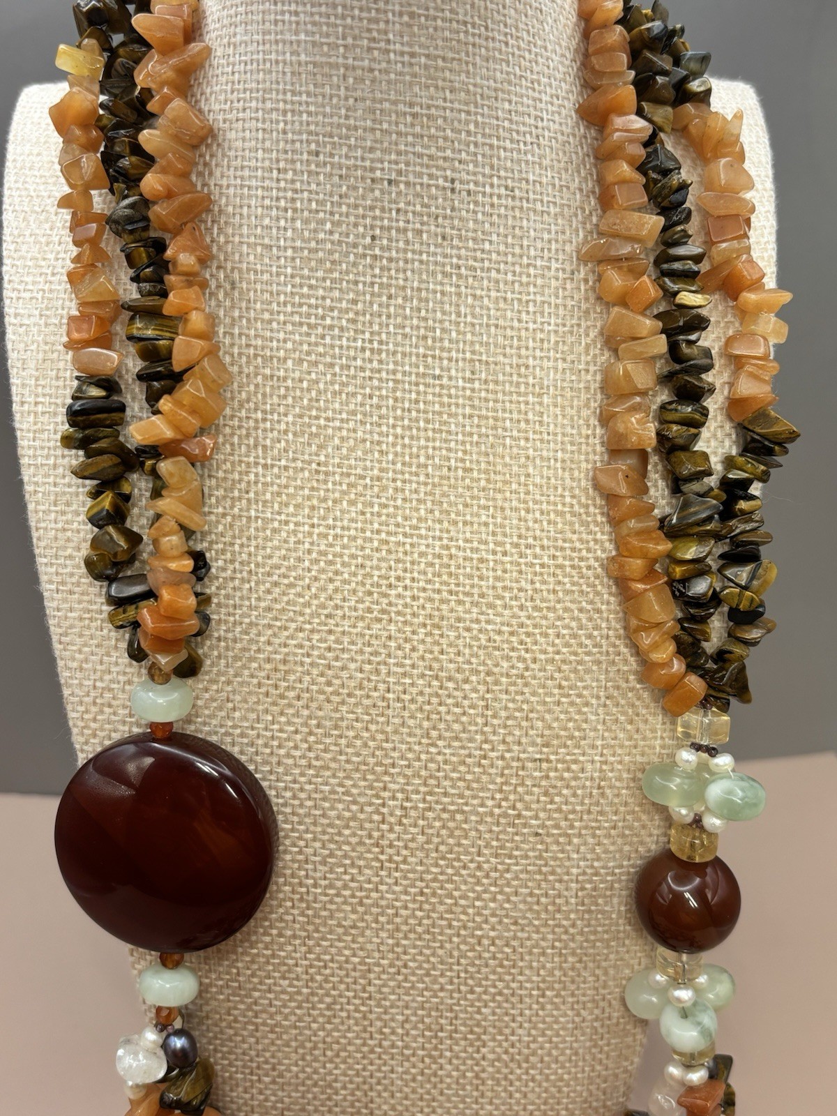 Vintage Natural Gemstone Multi Strand Boho Tigers Eye Carnelian Pearl 28”