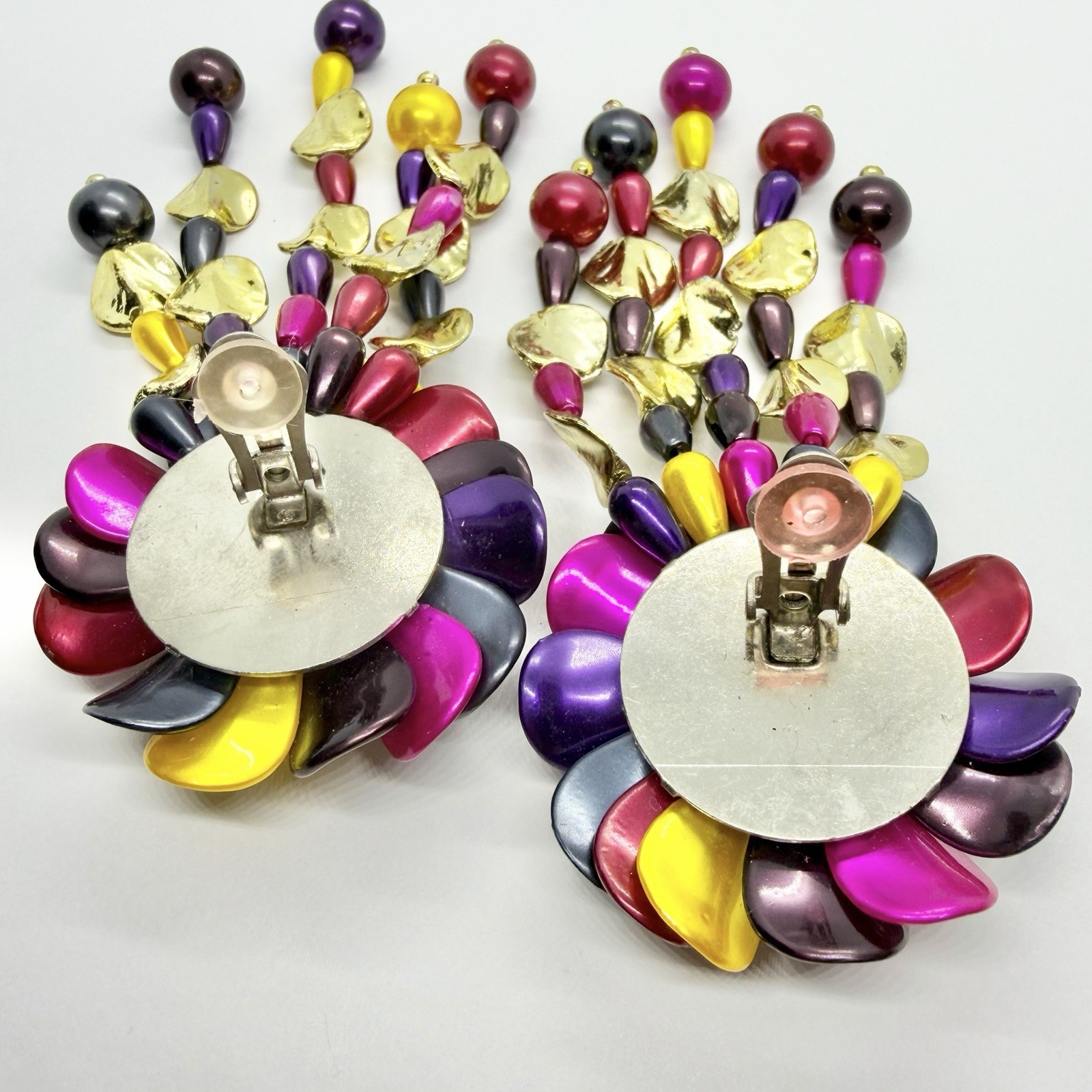 Vtg XL Runway Lucite Multicolor Chandelier Beaded Statement Earrings Clip-on Big