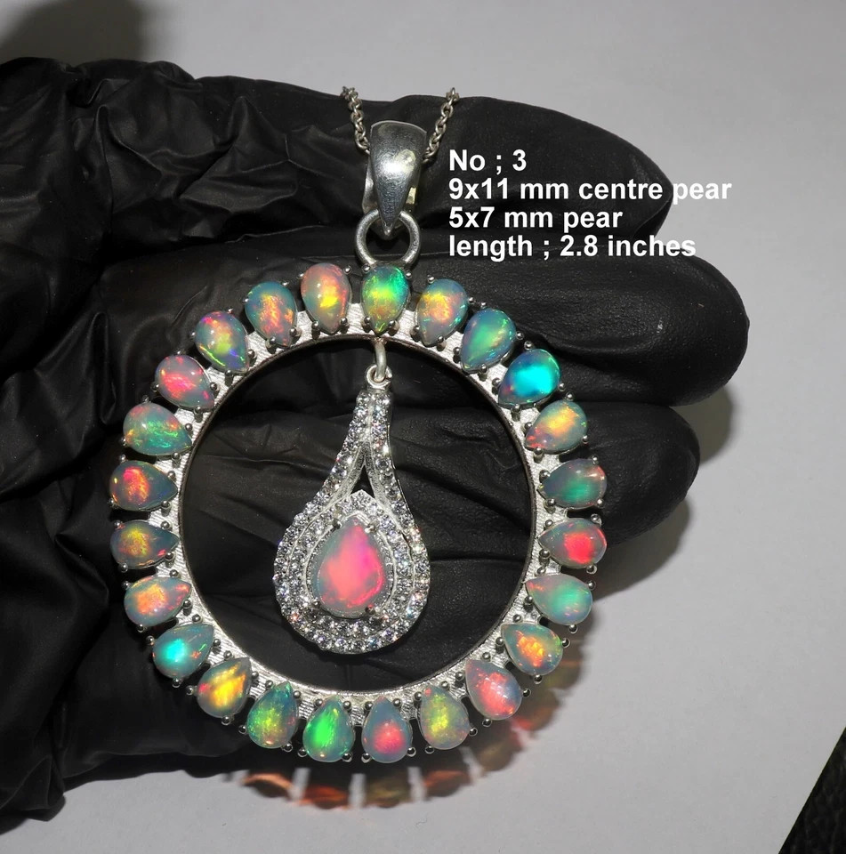 Natural Ethiopian opal pendant with sterling silver fire opal gemstone necklace
