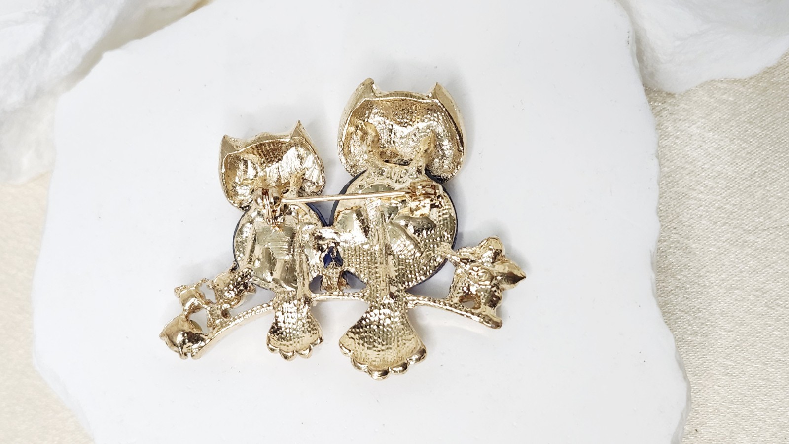 Vintage Gold-Tone Owl Pair Brooch W Blue Crystal Bodies and Rhinestone Accents