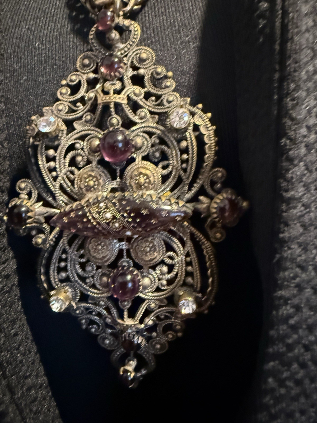 12.71 Vintage Gothic Filigree Pendant Necklace Purple Glass Rhinestone Statement