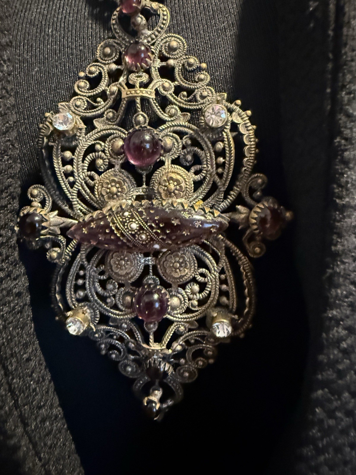 12.71 Vintage Gothic Filigree Pendant Necklace Purple Glass Rhinestone Statement