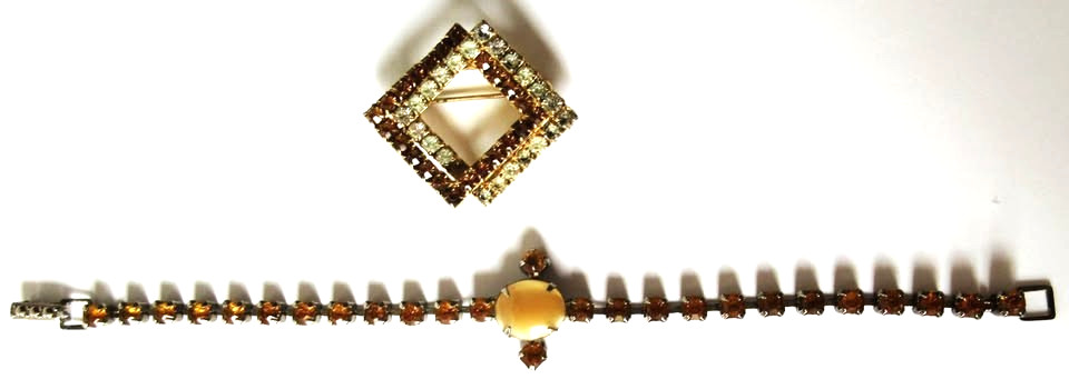 Vintage Amber & Clear Rhinestone Pin And Amber Bracelet