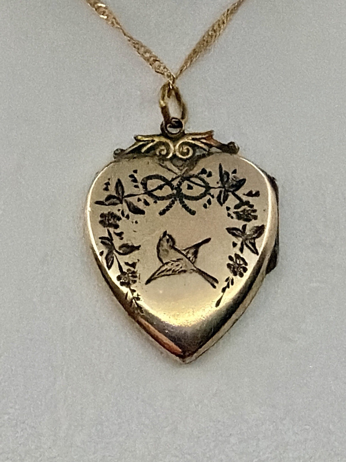 Victorian Aesthetic Movement Bird & Flower Vines Double Sided RG Locket Necklace