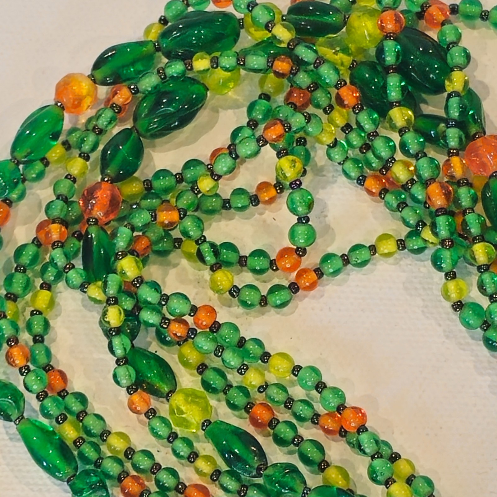 VTG Multi‑Strand Green Glass Bead Necklace Hand‑Strung Orange Yellow Accents
