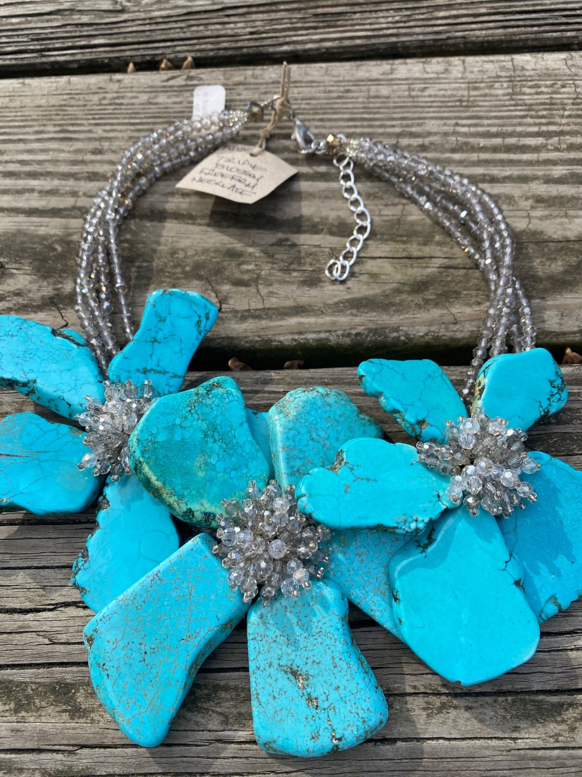 VALERIE SANSON Painting w Stones Turquoise Triple Blossom Freeform NECKLACE
