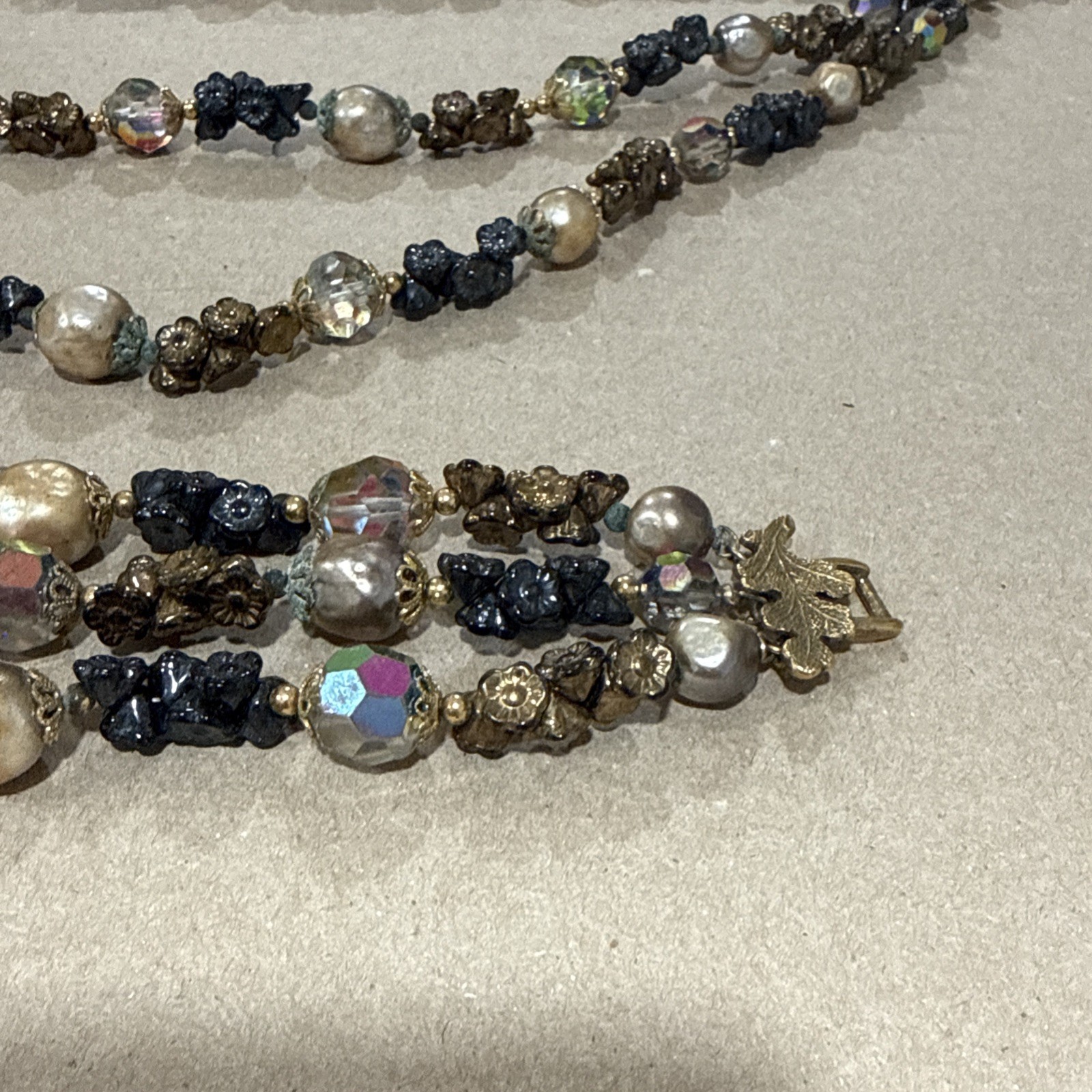 VTG Vendome 3 Strand Necklace & Bracelet Set Art Glass, Pearls, & Flower