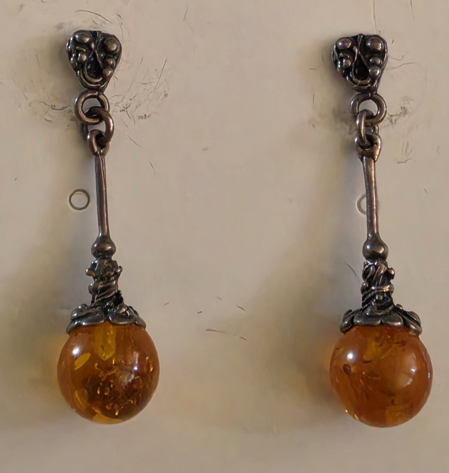 Victorian-era Baltic Amber And Sterling Handmade Post Earrings, 1.5 Inch Long