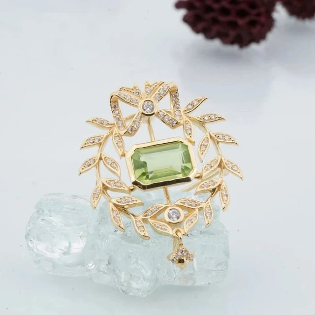 2.45Ct Emerald Cut Lab Created Green Peridot Brooch Pin 14K Yellow Gold Plated
