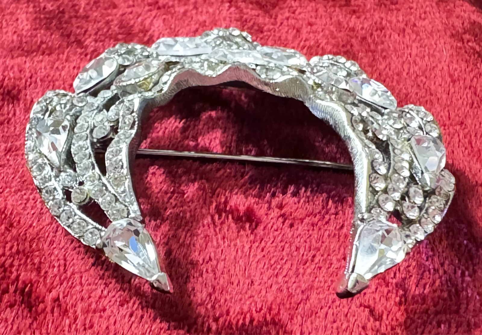 Vintage Barrera Crescent Moon-shaped Brooch Pin with Clear Sparkling Rhinestones