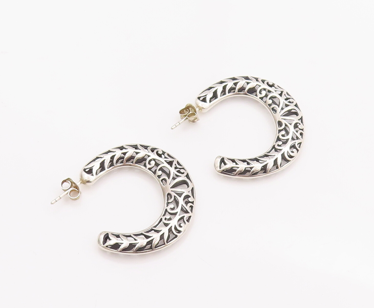 925 Sterling Silver Vintage Earrings Solid Swirly Carved Open Hoops EG12983